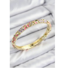 Mineli Pirinç Zirkon Taşlı Pembe Mor Çiçek Motifli Gold Kadın Kelepçe