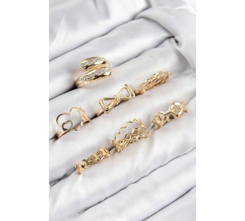 Pirinç Zirkon Taşlı Fiyonk Ve Kalp Model Gold Renk Kadın Yüzük Kombin Set