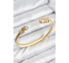 316L Çelik Zirkon Taşlı İnci Model Gold Renk Kadın Bileklik