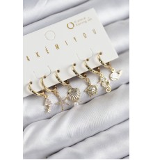 Pirinç Zirkon Taşlı İstiridye Balina Ve Yıldız Gold Renk 6'lı Küpe Set