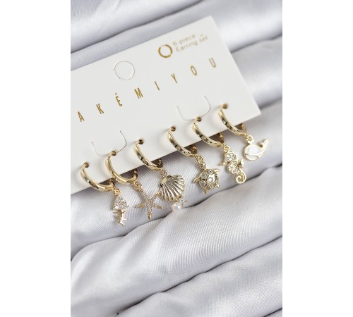 Pirinç Zirkon Taşlı İstiridye Balina Ve Yıldız Gold Renk 6'lı Küpe Set