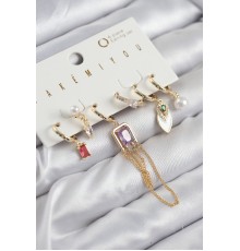 Pirinç Zirkon Taşlı Sallantılı Ve İncili Gold Renk 6'lı Küpe Set