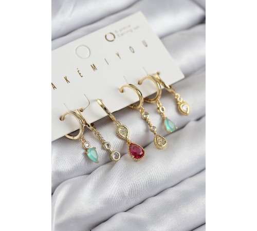 Pirinç Zirkon Taşlı Sallantılı Model Gold Renk 6'lı Küpe Set