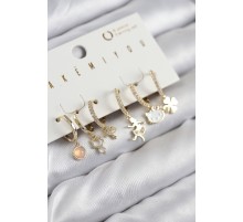 Pirinç Zirkon Taşlı Hello Kity Ve Yonca Model Gold Renk 6'lı Küpe Set
