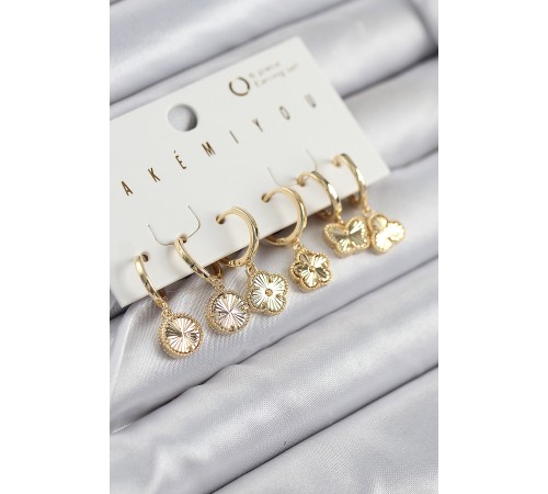 Pirinç Zirkon Taşlı Yonca Model Gold Renk 6'lı Küpe Set