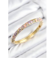 Mineli Pirinç Zirkon Taşlı Pembe Mor Çiçek Motifli Gold Kadın Kelepçe