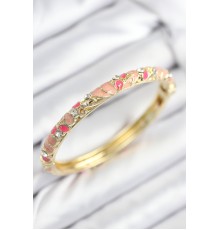 Mineli Pirinç Zirkon Taşlı Pembe Çiçek Motifli Gold Kadın Kelepçe