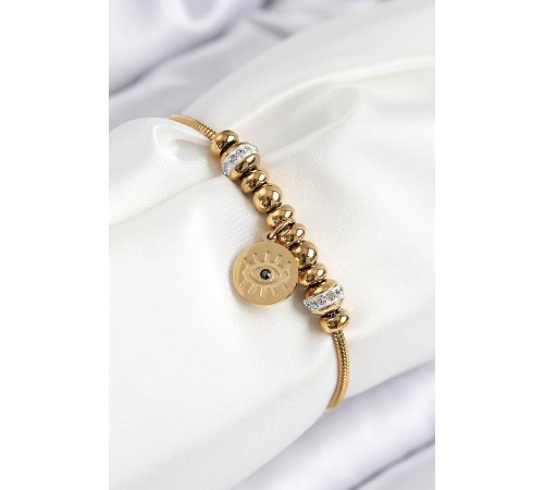 316L Çelik Zirkon Taşlı Göz Charm Model Gold Renk Kadın Bileklik