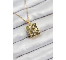 316L Çelik Zirkon Taşlı Açılabilr Kapaklı Kitap Model Gold Renk Kadın Kolye