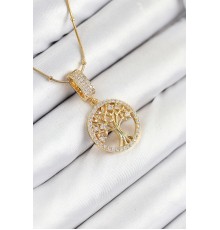 316L Çelik Zirkon Taşlı Hayat Ağacı Model Gold Renk Kadın Kolye