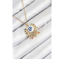 316L Çelik Zirkon Taşlı Nazar Model Gold Renk Kadın Kolye