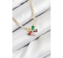 Pirinç Zirkon Taşlı Su Yolu Asorti Çiçek Model Gold Renk Kadın Kolye