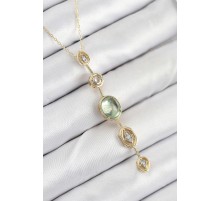 Pirinç Zincir Yeşil Gold Renk Zirkon Taşlı Y Kolye