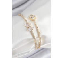 Pirinç Zirkon Taşlı Fiyonk Ve Yonca Model Gold Renk Kadın Bileklik