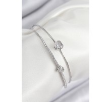 Pirinç Zirkon Taşlı Kalp Model Gümüş Renk Kadın Bileklik