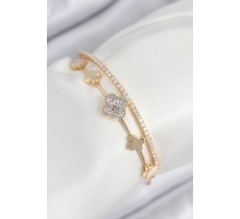 Pirinç Zirkon Taşlı Yonca Model Gold Renk Kadın Bileklik