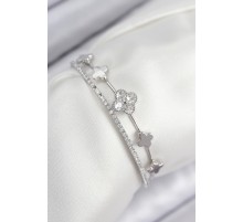 Pirinç Zirkon Taşlı Yonca Model Gümüş Renk Kadın Bileklik