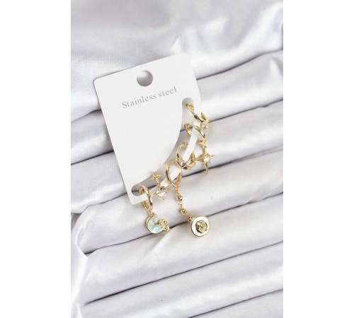 Pirinç Gold Renk Ay Model Kadın Set Küpe