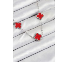 316L Çelik Zincir Gümüş Kırmızı Renk Yonca Kadın Kolye