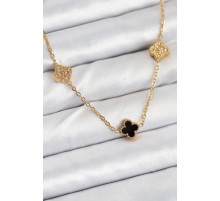 316L Çelik Zincir Gold Renk Siyah ve Zirkon Taşlı Baby Boy Yonca Kadın Kolye