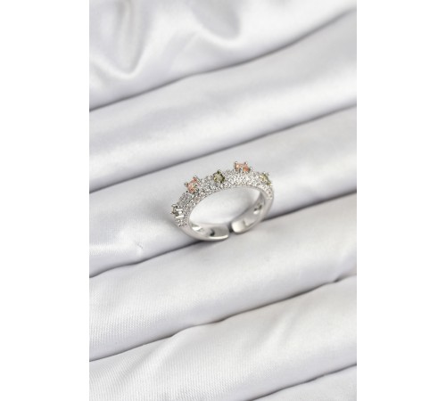 Pirinç Gümüş Renk Zirkon Taşlı Vintage Kadın Yüzük