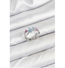 Pirinç Gümüş Renk Zirkon Taşlı Mavi Çiçekli Kadın Yüzük