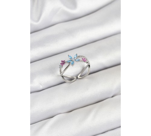Pirinç Gümüş Renk Zirkon Taşlı Mavi Çiçekli Kadın Yüzük