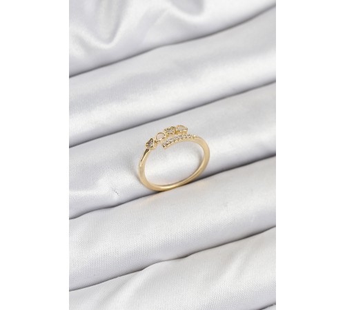 Pirinç Gold Renk Kalpli Detaylı Zirkon Taşlı Kadın Yüzük