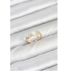 Pirinç Gold Renk Zirkon Taşlı İncili Model Kadın Yüzük