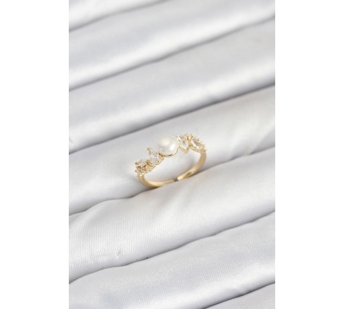 Pirinç Gold Renk Zirkon Taşlı İncili Model Kadın Yüzük