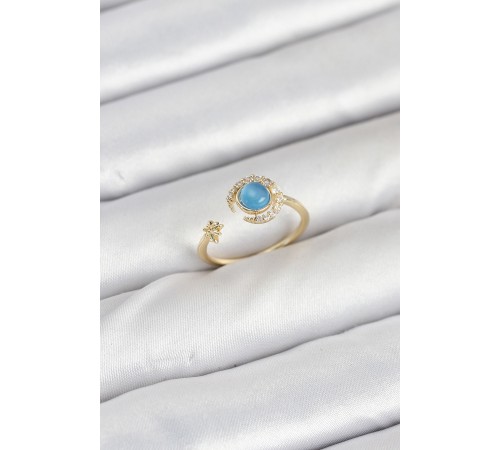 Pirinç Gold Renk Zirkon Taşlı Ay Yıldız Kadın Yüzük