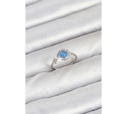 Pirinç Gümüş Renk Zirkon Taşlı Ay Yıldız Kadın Yüzük