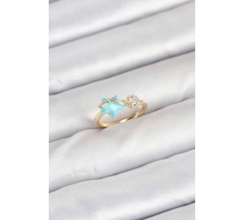 Pirinç Gold Renk Mavi Yıldızlı Model Kadın Yüzük