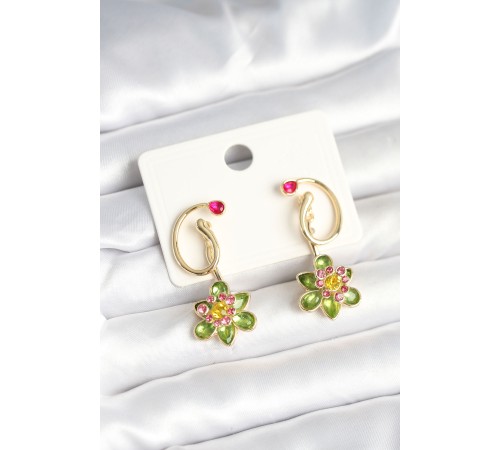 Pirinç Gold Renk Zirkon Taşlı Çiçek Model Kadın Küpe