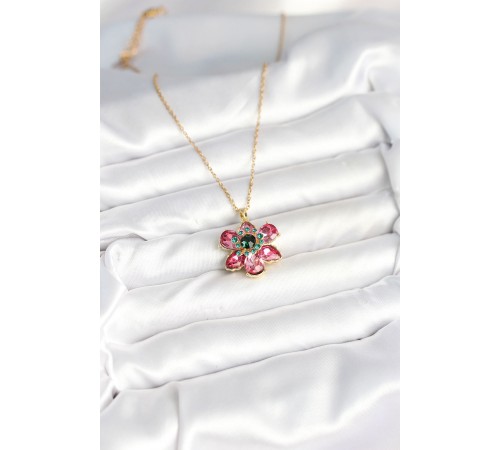 316L Çelik Zincirli Pembe Çiçek Model Kadın Kolye
