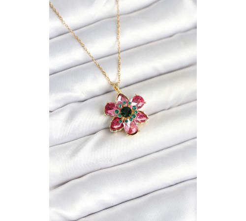 316L Çelik Zincirli Pembe Çiçek Model Kadın Kolye