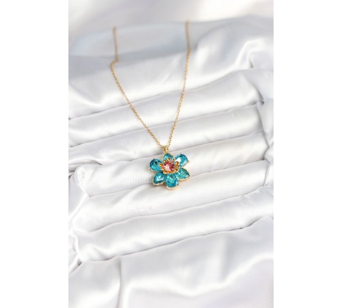 316L Çelik Zincirli Mavi Çiçek Model Kadın Kolye