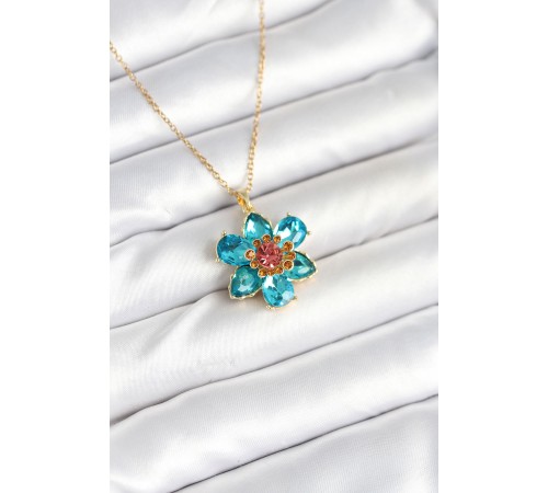 316L Çelik Zincirli Mavi Çiçek Model Kadın Kolye