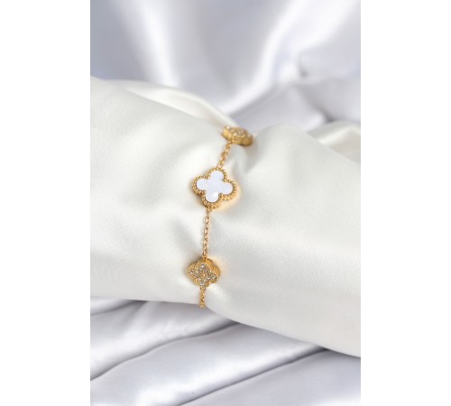 316L Çelik Zincir Zirkon Taşlı Yonca Beyaz Kadın Bileklik