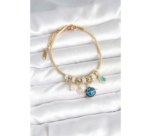 Pirinç Gold Renk Dünya Charmlı Kadın Bileklik