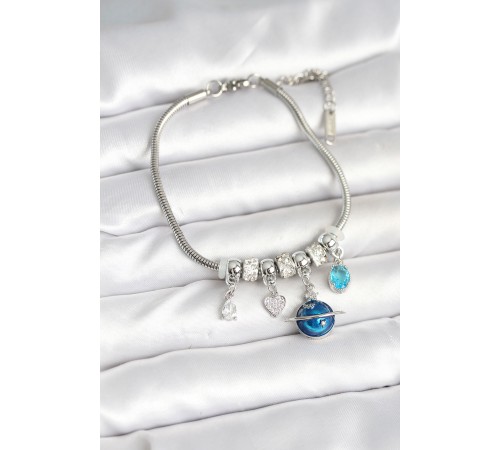 Pirinç Gümüş Renk Dünya Charmlı Kadın Bileklik