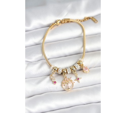 Pirinç Gold Renk Yaşam Ağacı Charmlı Kadın Bileklik