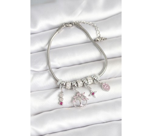 Pirinç Gümüş Renk Yaşam Ağacı Charmlı Kadın Bileklik
