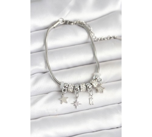 Pirinç Gümüş Renk Kutup Yıldızı Charmlı Kadın Bileklik