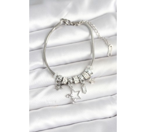 Pirinç Gümüş Renk Yıldız Charmlı Kadın Bileklik