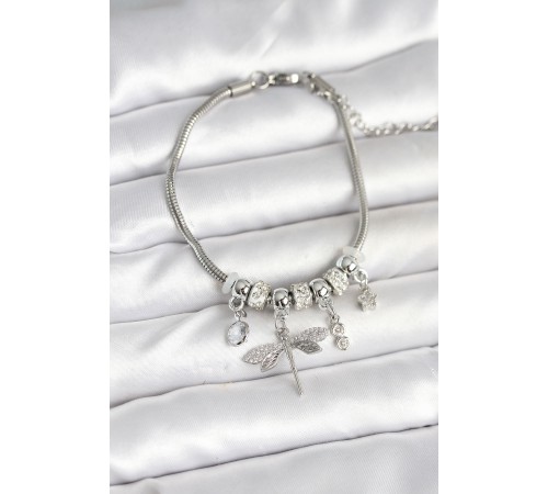 Pirinç Gümüş Renk Yusufçuk Charmlı Kadın Bileklik