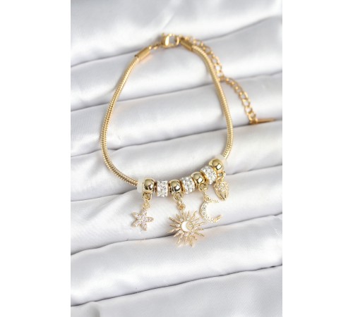 Pirinç Gold Renk Ay ve Güneş Charmlı Kadın Bileklik