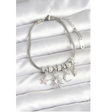 Pirinç Gümüş Renk Ay ve Güneş Charmlı Kadın Bileklik