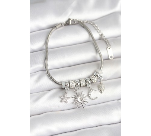 Pirinç Gümüş Renk Ay ve Güneş Charmlı Kadın Bileklik