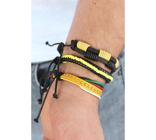 Sarı Renk Zımbalı Deri Erkek Bileklik Kombini